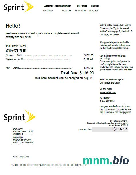 Szablon rachunku za MEDIA Sprint USA w formatach Word i PDF, Wersja 2